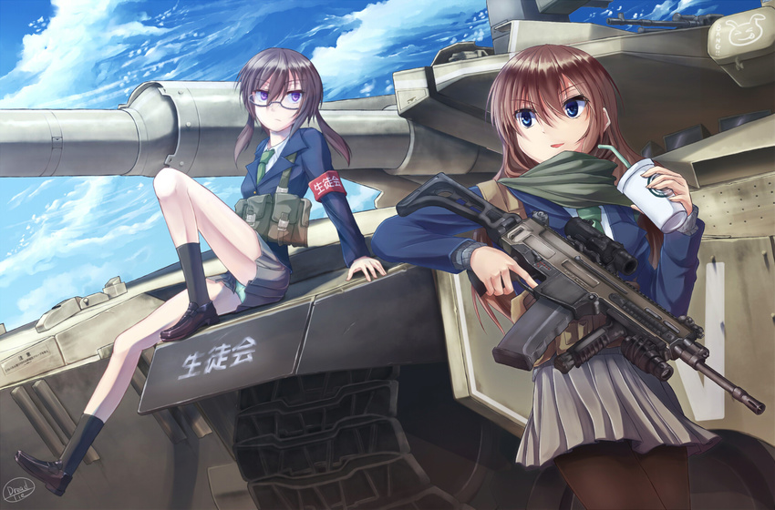 2girls against_vehicle ammunition_pouch arm_support armband artist_name assault_rifle averting_eyes bad_id bad_pixiv_id black_footwear black_pantyhose black_socks blazer blue_eyes blue_jacket blue_sky brown-framed_eyewear brown_hair caterpillar_tracks chest_rig cloud cowboy_shot cup cz_805_bren day disposable_cup dreadtie drink drinking_straw full_body glasses green_necktie green_scarf gun highres holding holding_cup holding_drink holding_gun holding_weapon jacket leaning loafers long_hair long_sleeves looking_to_the_side machine_gun makino_chizuru merkava_(tank) military_vehicle motor_vehicle multiple_girls necktie on_vehicle original outdoors panties pantyhose pleated_skirt pouch purple_eyes red_armband rifle scarf school_uniform scope seta_haruka shoes signature sitting sitting_on_object skirt sky smile socks tank twintails underwear weapon