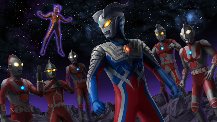 6+boys commentary_request darklops_zero glowing glowing_eyes highres matchin multiple_boys night night_sky photoshop_(medium) sky surrounded ultra_series ultraman ultraman_ace ultraman_jack ultraman_zero ultraman_zero_vs_darklops_zero ultraseven zoffy_(ultra_series)