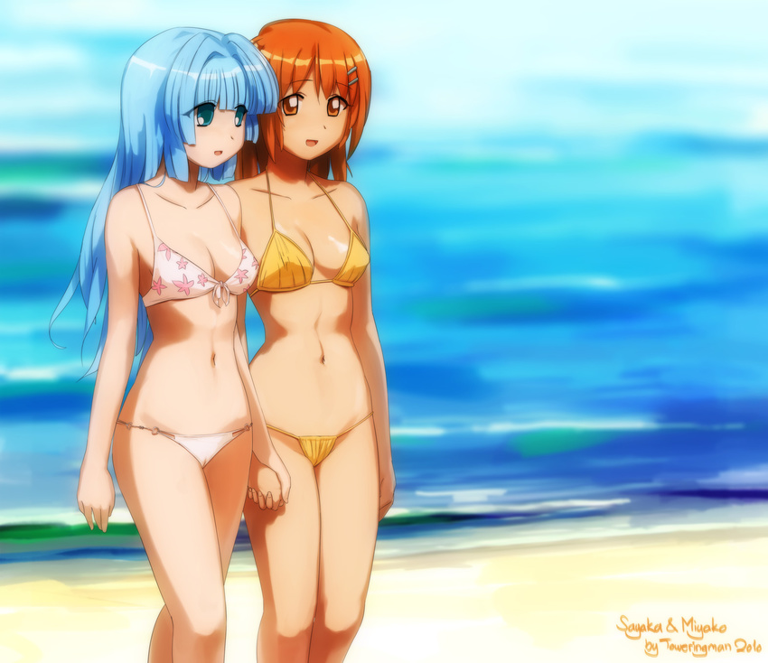 2girls bad_id beach bikini blue_eyes blue_hair cameltoe hair_ornament highres holding_hands interlocked_fingers multiple_girls orange_eyes orange_hair outdoors pani_poni_dash! photoshop_(medium) suzuki_sayaka swimsuit toweringman uehara_miyako yuri