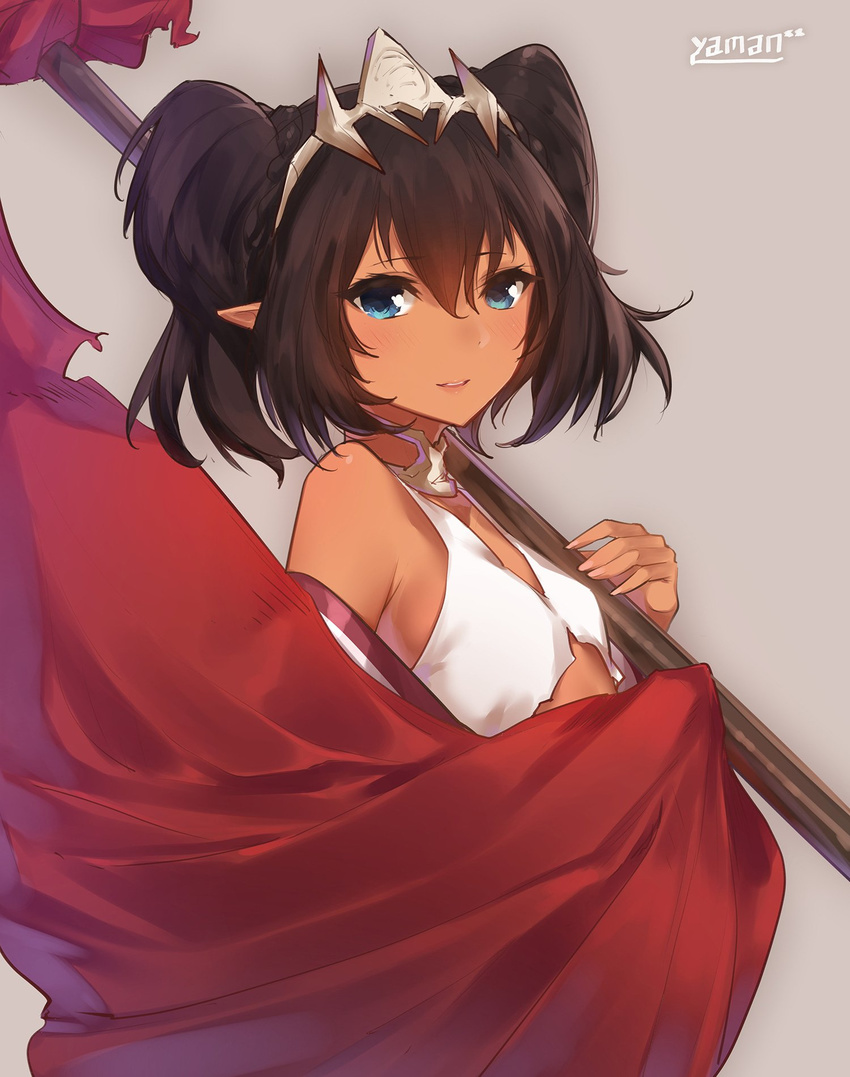 bikini bikini_top_only black_hair blue_eyes blush dark-skinned_female dark_skin female flag flat_chest from_side grey_background hair_between_eyes highres holding jewelry looking_at_viewer midriff nadia_(sennen_sensou_aigis) neck_ring official_art over_shoulder parted_lips pointy_ears sennen_sensou_aigis short_hair short_twintails simple_background smile solo swimsuit tiara twintails upper_body yaman