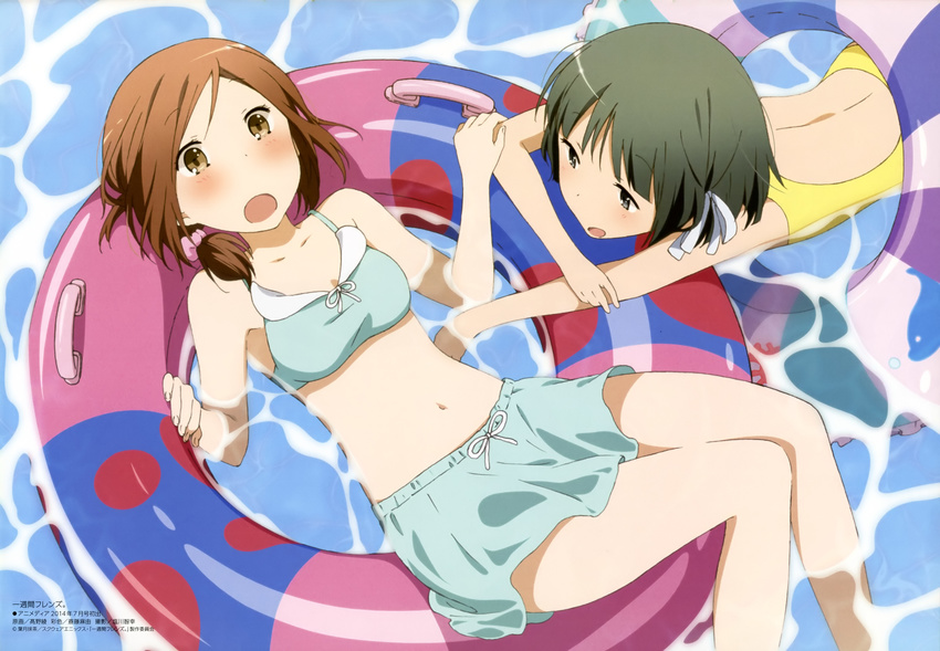 2girls absurdres bikini black_hair blush brown_eyes brown_hair casual_one-piece_swimsuit detexted fujimiya_kaori highres imageboard_desourced innertube isshuukan_friends legs multiple_girls non-web_source official_art one-piece_swimsuit open_mouth short_hair swim_ring swimsuit takano_aya third-party_edit water yamagishi_saki