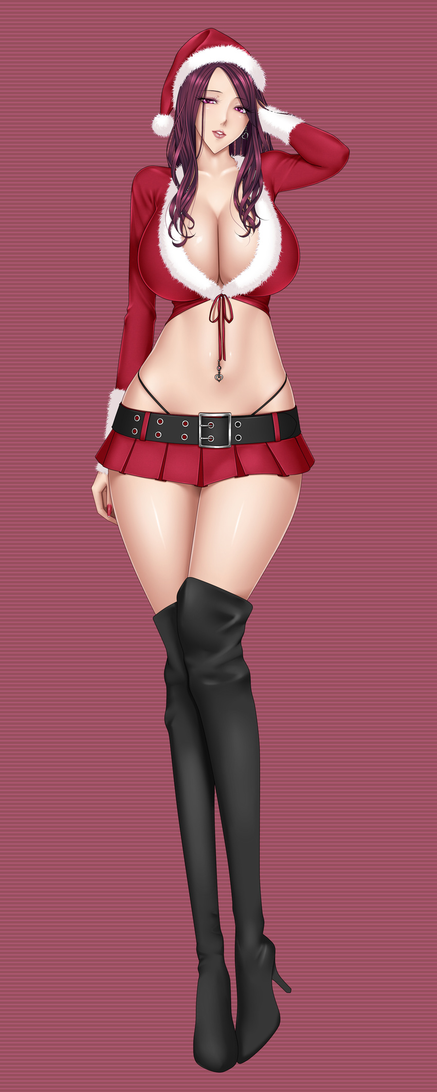 absurdres bad_proportions baru_(val-val) boots breasts cleavage commentary_request female hat highres huge_breasts knee_boots long_hair long_legs looking_at_viewer navel_piercing original piercing purple_eyes purple_hair santa_costume santa_hat solo thighhighs