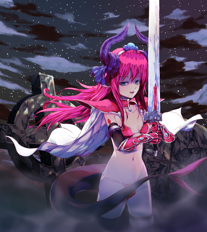 blue_eyes breasts cape commentary_request dragon_girl dragon_horns dragon_tail elizabeth_bathory_(brave)_(fate) elizabeth_bathory_(fate) fate/grand_order fate_(series) female fog highres horns korean_commentary looking_at_viewer navel night night_sky partial_commentary photoshop_(medium) pink_hair roon_(ddeer2010) sky small_breasts tail tombstone