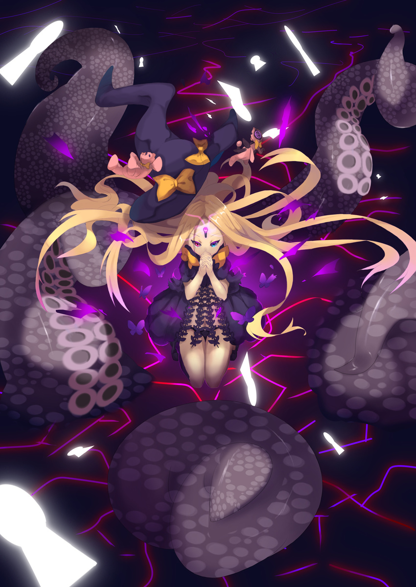 abigail_williams_(fate) absurdres black_panties blonde_hair blue_eyes bow bug butterfly commentary_request fate/grand_order fate_(series) female hat heterochromia highres kamakura_(clupeoidei) keyhole kneeling long_hair orange_bow own_hands_clasped own_hands_together panties partial_commentary photoshop_(medium) pink_eyes solo tentacle torn_clothes transformation underwear very_long_hair witch_hat