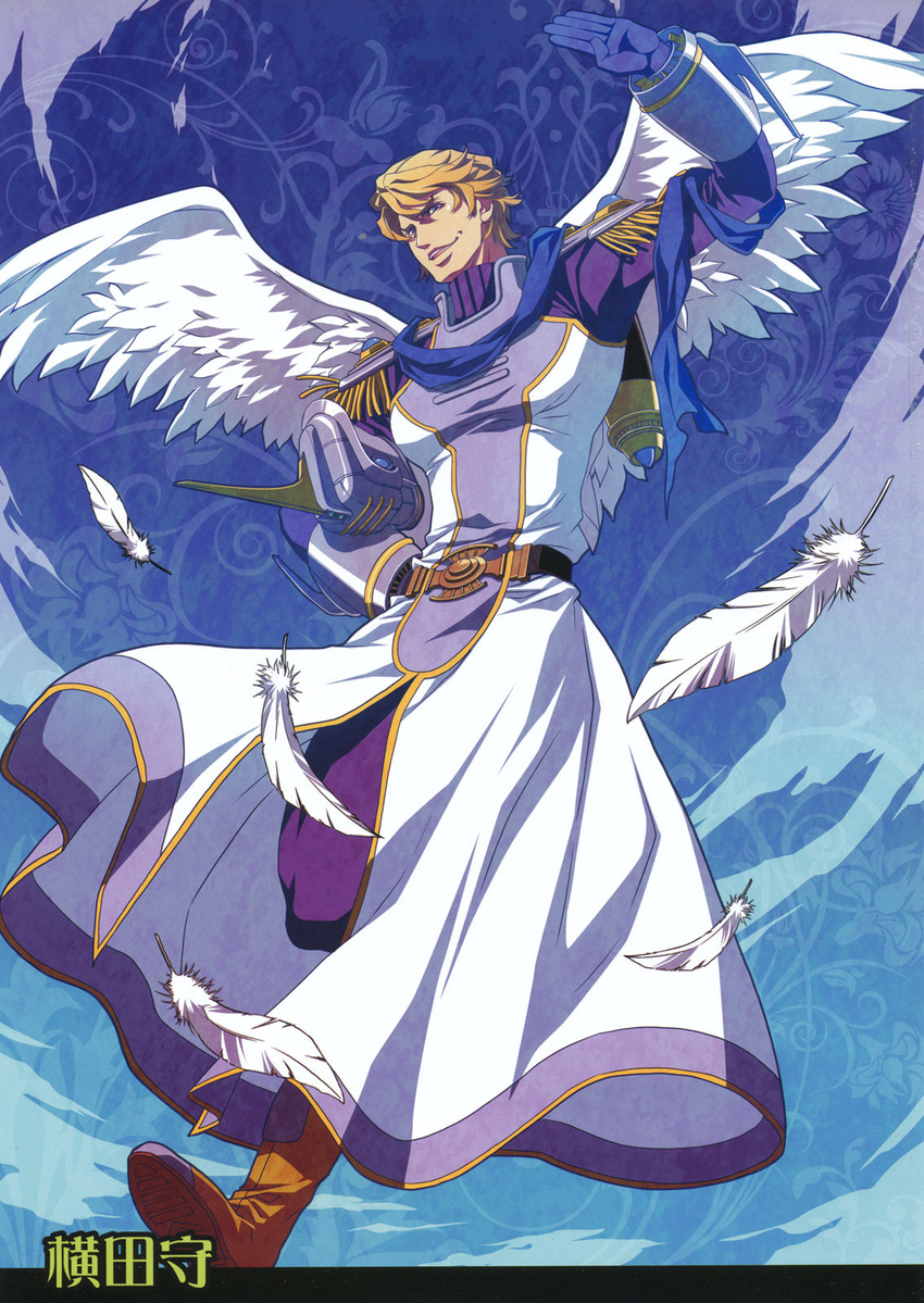 1boy blonde_hair blue_eyes boots feathers helmet highres jetpack keith_goodman male_focus non-web_source photoshop_(medium) power_suit sky sky_high_(tiger_&_bunny) solo superhero_costume tiger_&_bunny unworn_headwear unworn_helmet waving wings yokota_mamoru