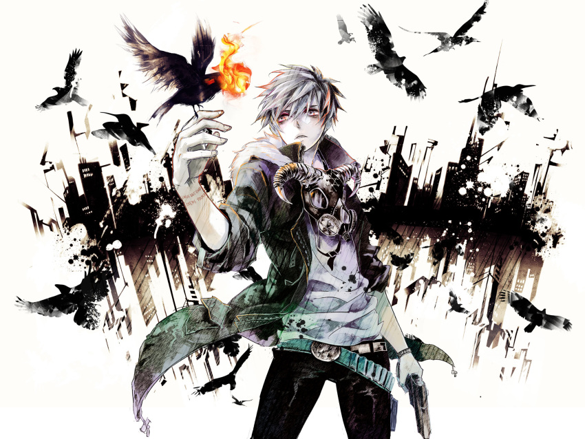 1boy belt bird commentary_request fire gas_mask grey_eyes grey_hair gun highres horns hys122211 male_focus mask original solo weapon