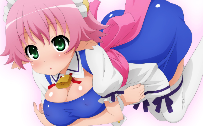 bell blush bow breasts commentary_request cowbell crossed_arms dress elfleda_mirjasdottir female green_eyes highres large_breasts lotte_no_omocha! maid maid_headdress pink_bow pink_hair short_hair solo sugimura_tomokazu thighhighs white_thighhighs