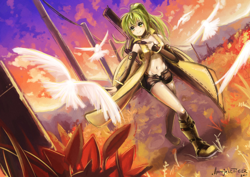 2011 arm_warmers artist_name bad_id bad_pixiv_id bird boots coat commentary dusk english_commentary female green_eyes green_hair guitar_case instrument_case midriff navel open_fly panties photoshop_(medium) ponytail projecttiger short_shorts shorts sleeveless smile solo sonika thong underwear unzipped vocaloid