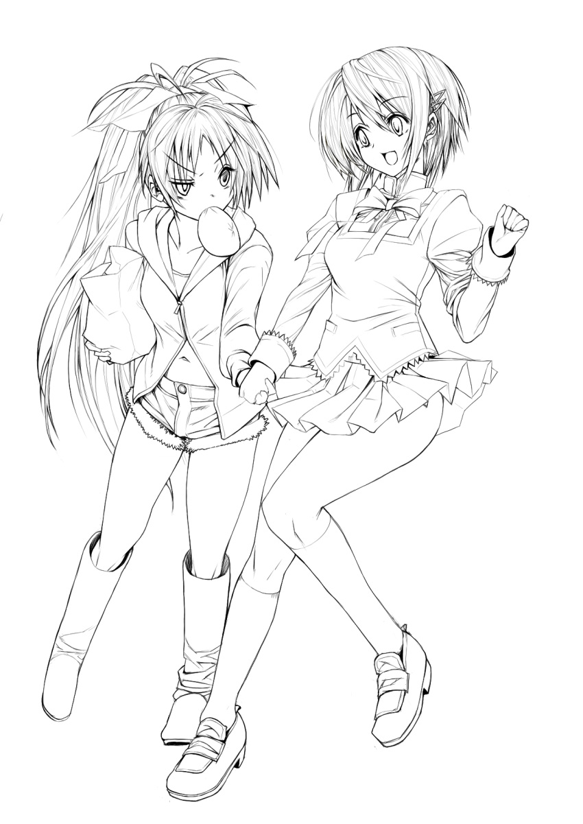 2girls bad_id bad_pixiv_id gen_(black_factory) greyscale highres long_hair mahou_shoujo_madoka_magica mahou_shoujo_madoka_magica_(anime) miki_sayaka mitakihara_school_uniform monochrome multiple_girls ponytail sakura_kyoko school_uniform short_hair