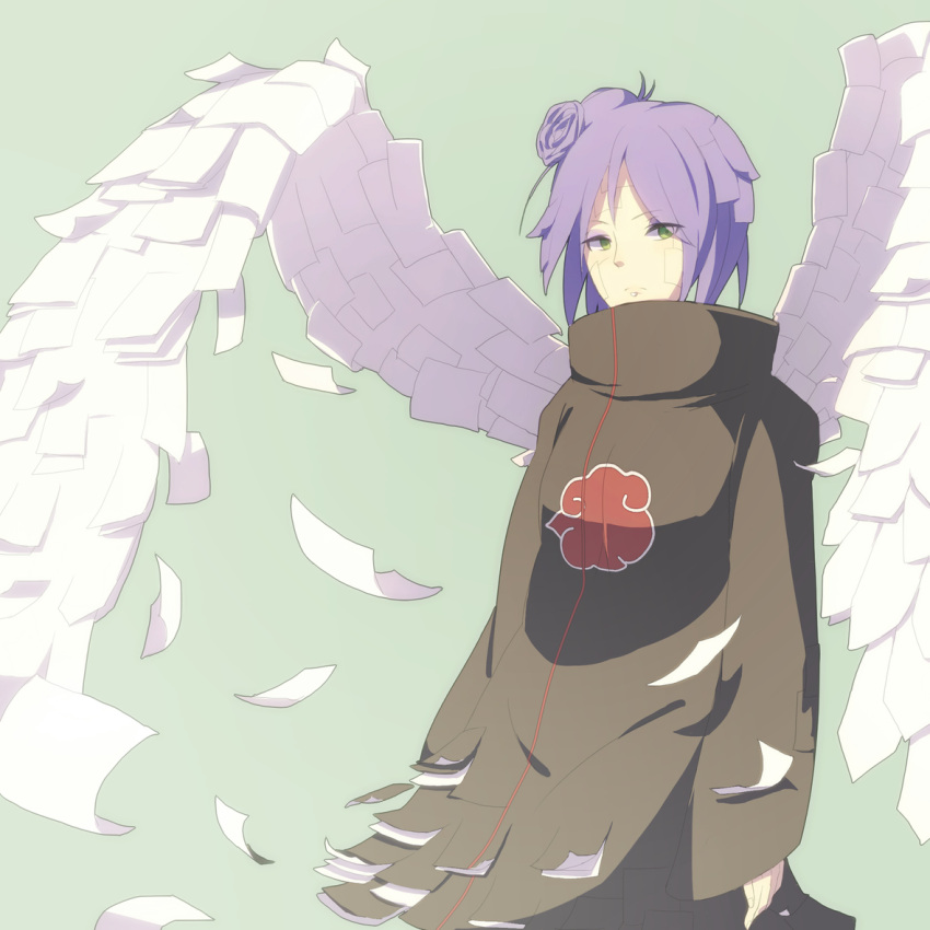 akatsuki_(naruto) cloak flower green_eyes hair_flower hair_ornament konan labret_piercing lip_piercing nanasinonana naruto naruto_shippuuden paper piercing purple_hair solo wings