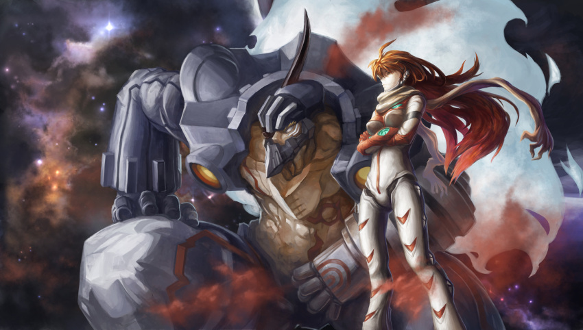 android bodysuit buster_machine_7 commentary_request crossed_arms dix-neuf female galaxy gunbuster_pose guts_(artist) highres mecha nono_(top_wo_nerae_2!) photoshop_(medium) realistic red_hair robot scarf science_fiction space star_(sky) star_(symbol) top_wo_nerae_2! white_bodysuit