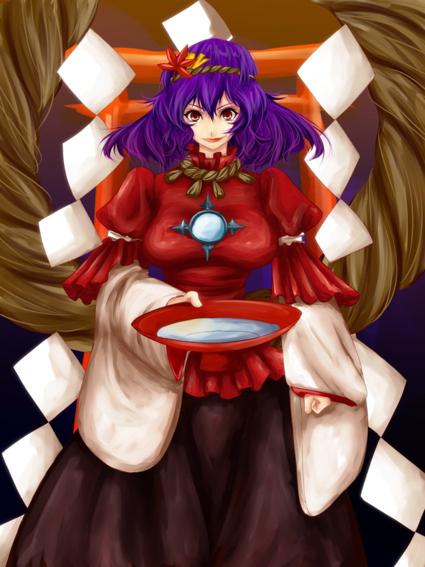 alcohol bad_id bad_pixiv_id commentary_request cup female highres mirror photoshop_(medium) purple_hair red_eyes rope sakazuki sake shimenawa short_hair smile solo touhou untue wide_sleeves yasaka_kanako