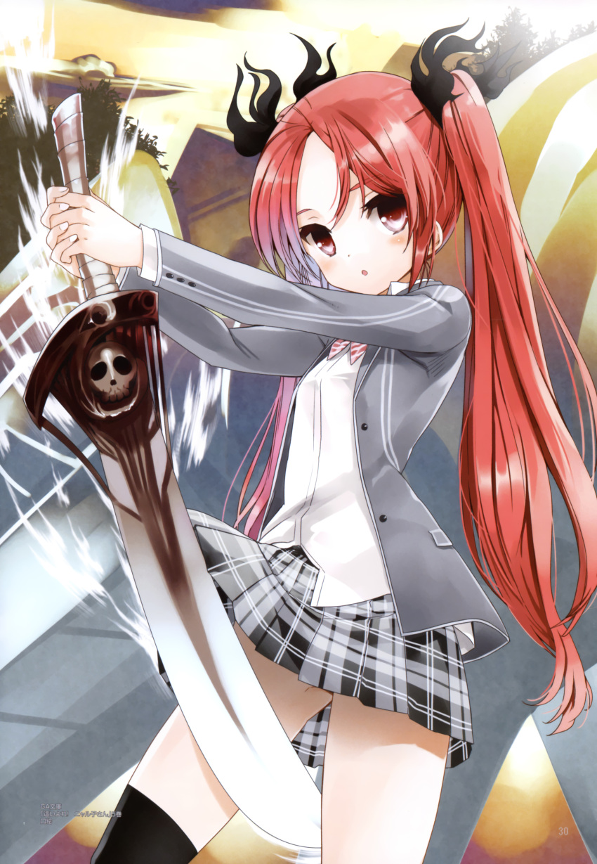 absurdres cthugha cthugha_(nyaruko-san) haiyore!_nyaruko-san highres long_hair official_art open_mouth red_eyes red_hair school_uniform skirt skirt_lift solo sword thighhighs twintails weapon