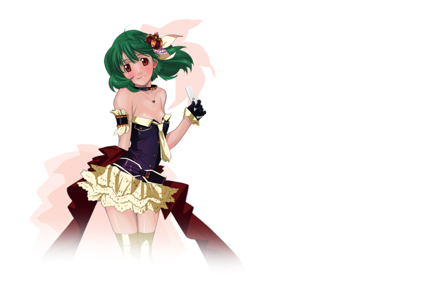 arm_behind_back arm_garter bare_shoulders beads belt blush braid breasts cleavage collar crown crown_braid dress ebata_risa female floating_hair frills gloves gradient green_hair hair_ribbon head_tilt holding jewelry lace lace-trimmed_dress lace_trim light_smile looking_at_viewer macross macross_frontier macross_frontier:_sayonara_no_tsubasa microphone necklace necktie official_art promotional_art ranka_lee red_eyes ribbon short_dress short_hair small_breasts smile solo standing strapless strapless_dress thigh_gap thighhighs transparent_background yellow_thighhighs zettai_ryouiki