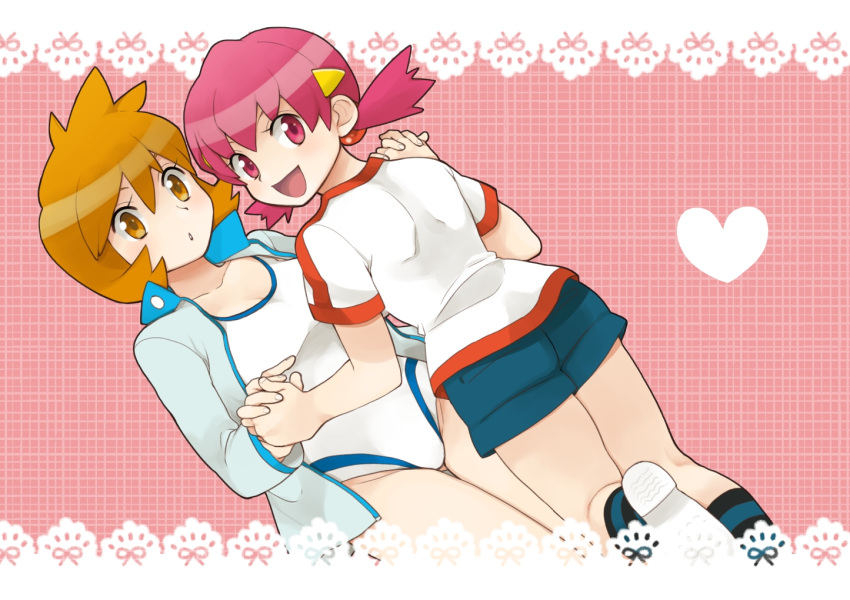 2girls back bad_id bad_pixiv_id blush breasts brown_eyes jacket kasumi_(pokemon) multiple_girls one-piece_swimsuit open_mouth orange_hair pink_eyes pink_hair pokemon pokemon_hgss shitappa shorts small_breasts smile swimsuit twintails whitney_(pokemon)