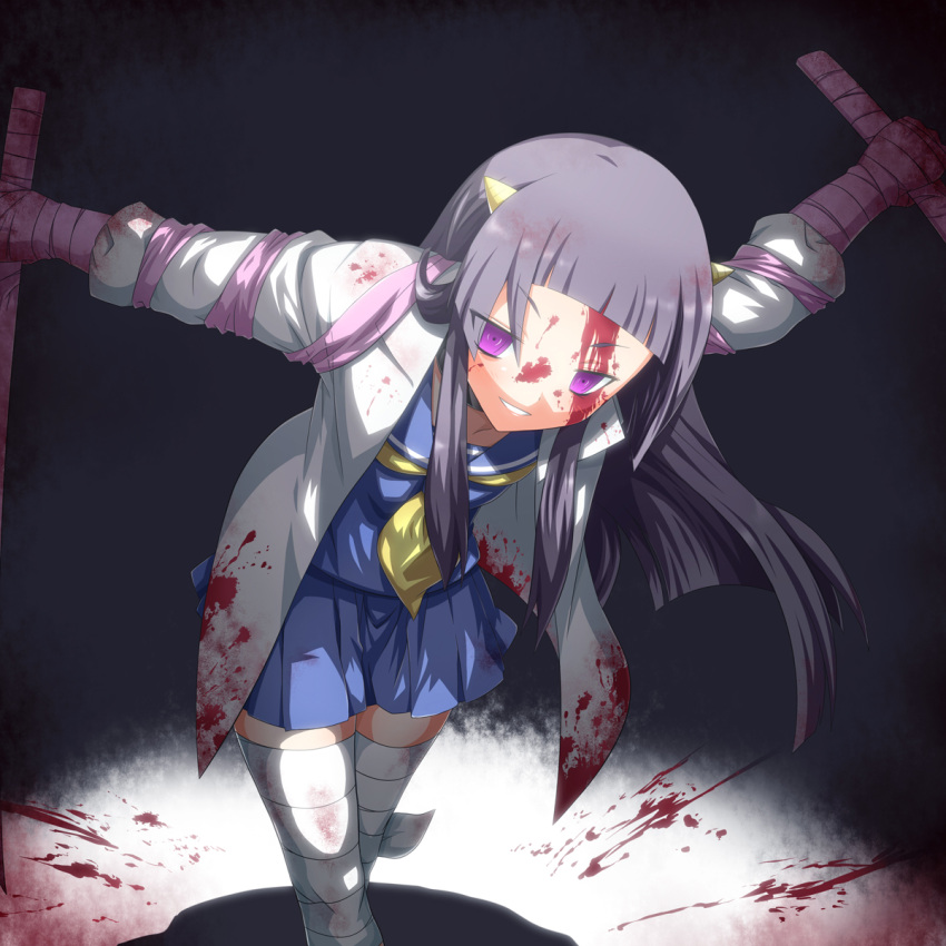 bandages black_hair blood blood_on_face blood_splatter blood_stain commentary_request female highres horns jacket kami_nomi_zo_shiru_sekai long_hair lune_(kaminomi) photoshop_(medium) purple_eyes school_uniform serafuku solo thighhighs yandere yuto_(dialique) zettai_ryouiki