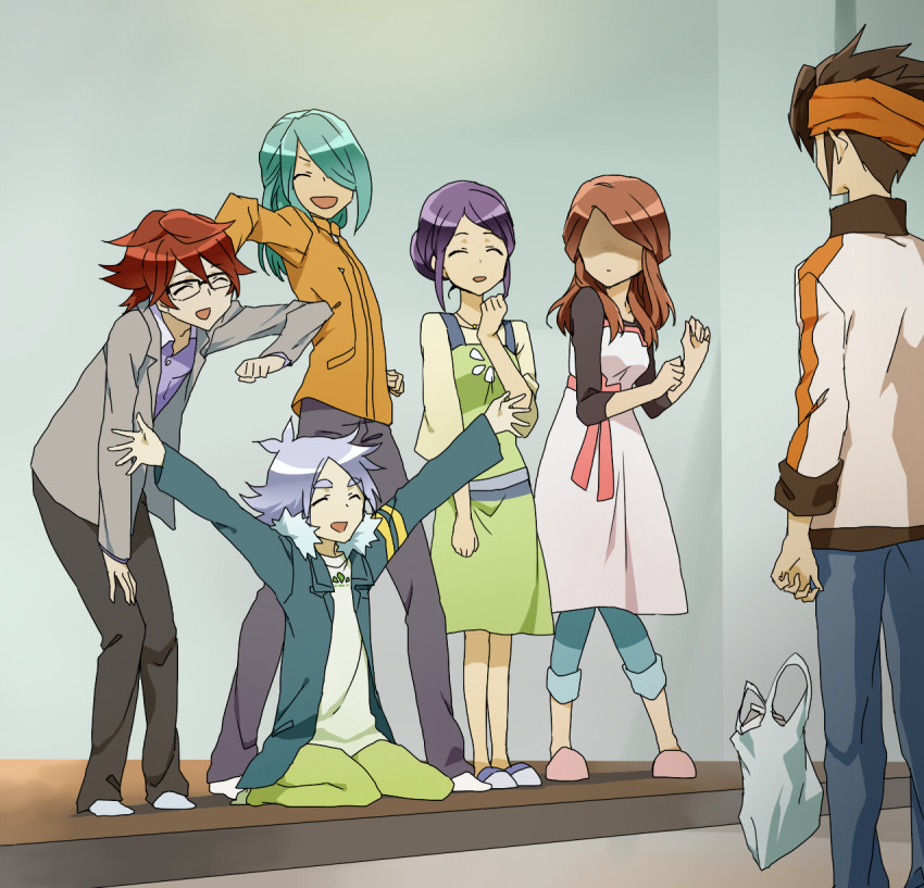 2girls 4boys aged_up apron bag blue_hair brown_hair catgirl0926 closed_eyes commentary_request endou_mamoru fubuki_shirou glasses hair_over_one_eye highres inazuma_eleven_(series) inazuma_eleven_go jacket kazemaru_ichirouta kiyama_hiroto kudou_fuyuka multiple_boys multiple_girls nudge open_mouth purple_hair raimon_natsumi red_hair short_hair smile standing surprised white_hair