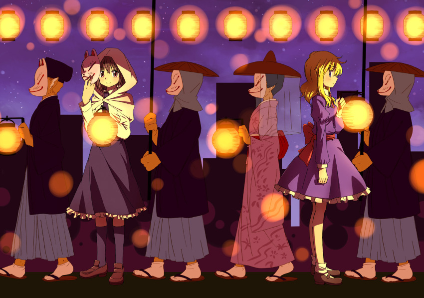 3boys 3girls animal_ears blonde_hair blue_eyes brown_hair commentary_request fox_ears fox_mask hakama hakama_skirt haori hat hood ichimegasa japanese_clothes kannari kimono lantern maribel_hearn mask multiple_boys multiple_girls necktie no_headwear obi painttool_sai_(medium) paper_lantern rice_hat sandals sash shirt skirt smile touhou usami_renko veil zouri