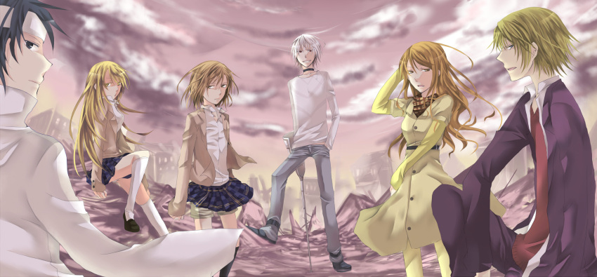 3boys 3girls accelerator_(toaru_majutsu_no_index) albino black_choker black_hair blazer blonde_hair blue_skirt brown_eyes brown_hair choker commentary_request crutch dress expressionless headband highres jacket jacket_on_shoulders kakine_teitoku level_5_(toaru) long_hair long_sleeves medium_hair miniskirt misaka_mikoto mugino_shizuri multiple_boys multiple_girls no_bowtie open_clothes open_jacket outdoors pantyhose plaid plaid_skirt pleated_skirt red_eyes ruins school_uniform shiro_(mikanbako) shirt shokuhou_misaki shorts skirt sky sogiita_gunha striped_clothes striped_shirt toaru_majutsu_no_index tokiwadai_school_uniform uniform very_long_hair white_hair white_jacket white_legwear winter_uniform yellow_eyes yellow_legwear