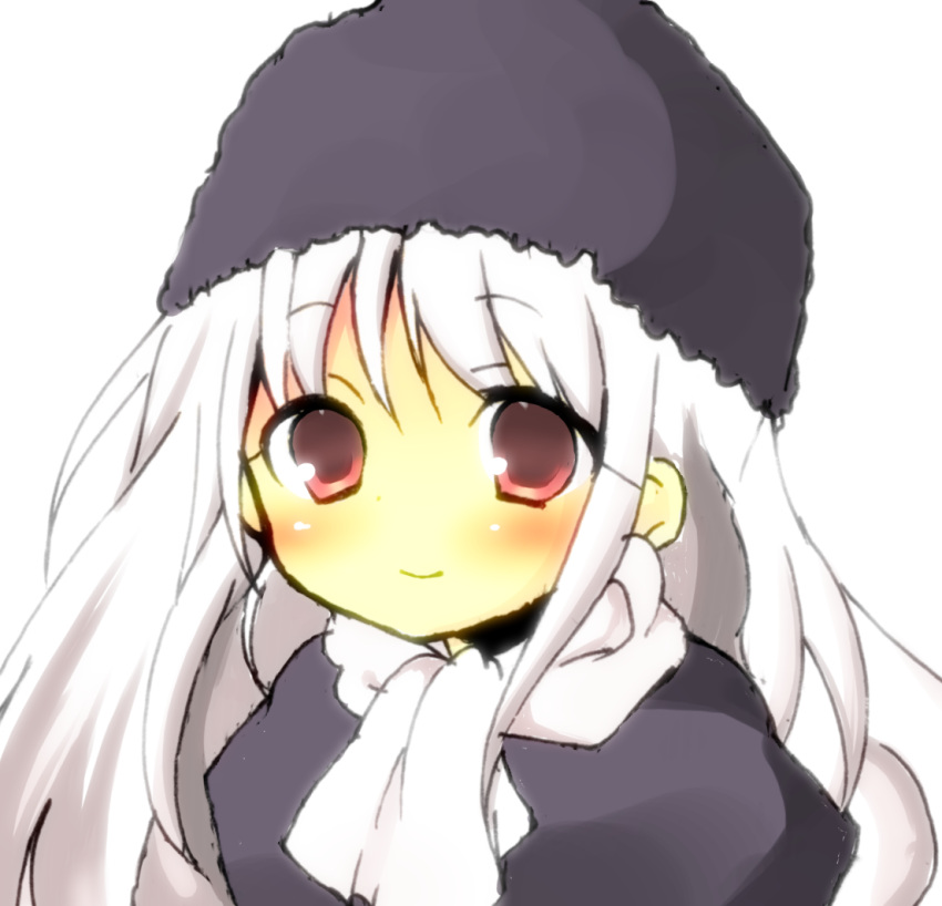 aged_down akafuku_pukoemon bad_id bad_pixiv_id fate/zero fate_(series) female hat illyasviel_von_einzbern lolicon long_hair purple_hat red_eyes scarf solo white_hair white_scarf