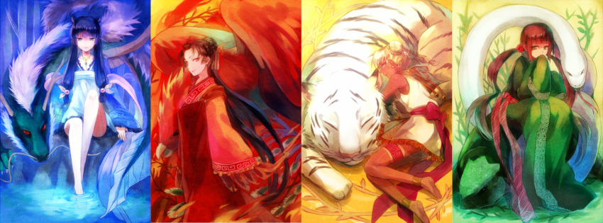 4girls anklet bare_legs bare_shoulders barefoot bell bird black_hair blue_eyes byakko chinese_clothes chinese_mythology collarbone commentary dark-skinned_female dark_skin dragon eastern_dragon fire four_symbols fur genbu green_eyes hair_bun hair_ornament hanfu highres jewelry long_sleeves lying multiple_girls necklace original phoenix red_eyes ribbon robe seiryuu shion_(kizuro) single_hair_bun snake soaking_feet suzaku tiger turtle twintails water white_hair white_tiger