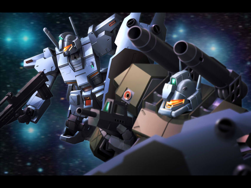 assault_visor cannon commentary_request gm_(mobile_suit) gm_cannon_ii gm_custom gun gundam gundam_0083 highres holding holding_gun holding_weapon letterboxed mecha mecha_focus no_humans orange_visor photoshop_(medium) reactive_armor reigan rifle robot science_fiction shield space weapon