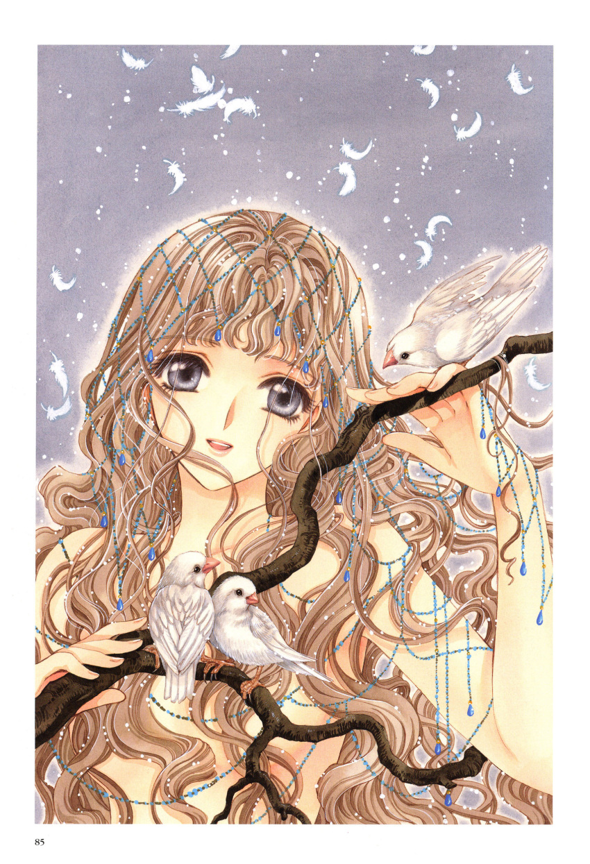 absurdres bird branch brown_eyes brown_hair clamp_(circle) eyelashes feathers female gem grey_background grey_eyes hair_ornament highres long_hair looking_at_viewer monou_kotori non-web_source nude official_art pearl_(gemstone) photoshop_(medium) scan scan_artifacts smile solo traditional_media upper_body wavy_hair x_(manga)