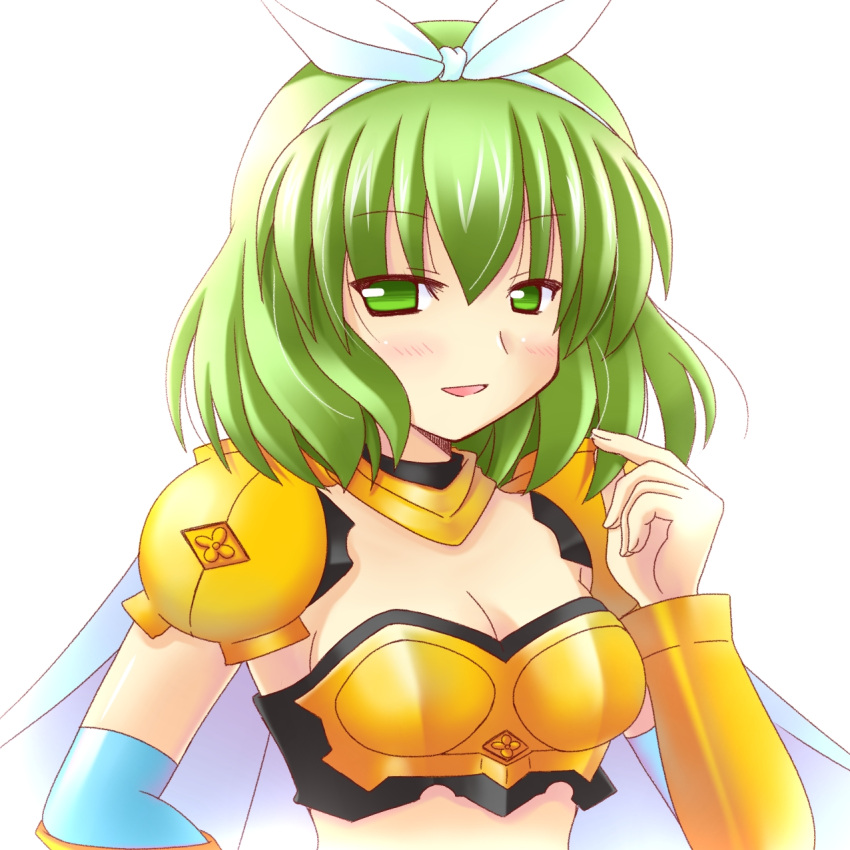 armor bad_id bad_pixiv_id bikini_armor blush cape female green_eyes green_hair highres hinata_mirun open_mouth rance_(series) rance_quest short_hair smile solo tillday_shape