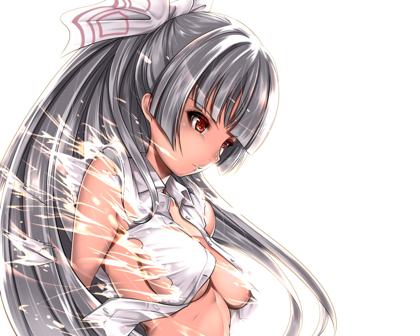 fujiwara_no_mokou gray_hair open_shirt red_eyes saburou_(hgmg) torn_clothes touhou white