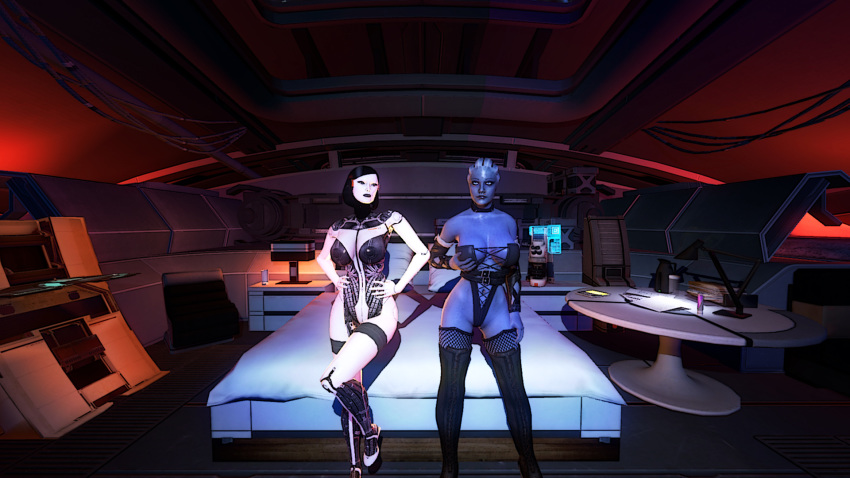 2girls 3d antgeo97 asari bodice breasts dominatrix edi female garry's_mod high_heel_boots high_heels liara_t'soni mass_effect mass_effect_3 red-tinted_eyewear tinted_eyewear visor