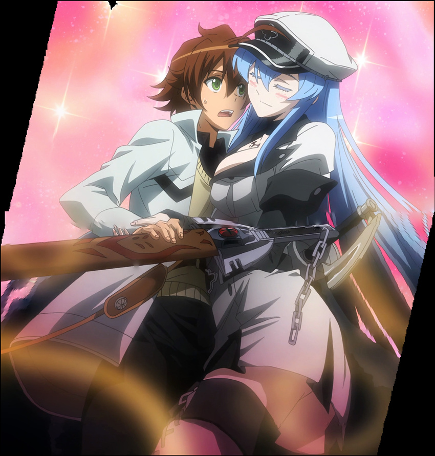 1boy akame_ga_kill! blue_hair blush breasts brown_hair closed_eyes colored_eyelashes esdeath esdese female green_eyes hat highres large_breasts long_hair smile square_enix stitched tatsumi_(akame_ga_kill!) tattoo uniform