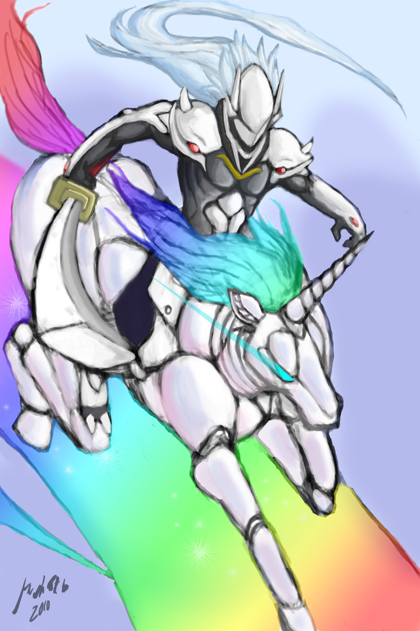 1boy a4que armor blazblue commentary_request crossover full_armor glowing glowing_eyes grey_hair hakumen highres horns horseback_riding long_hair multicolored_hair photoshop_(medium) rainbow riding robot robot_unicorn_attack single_horn sword unicorn weapon