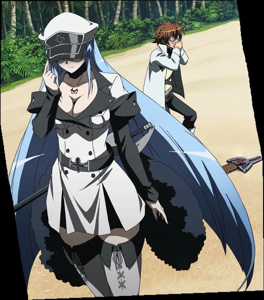 1boy akame_ga_kill! beach blue_hair breasts brown_hair esdeath esdese female hat highres large_breasts long_hair square_enix standing stitched tatsumi_(akame_ga_kill!) uniform