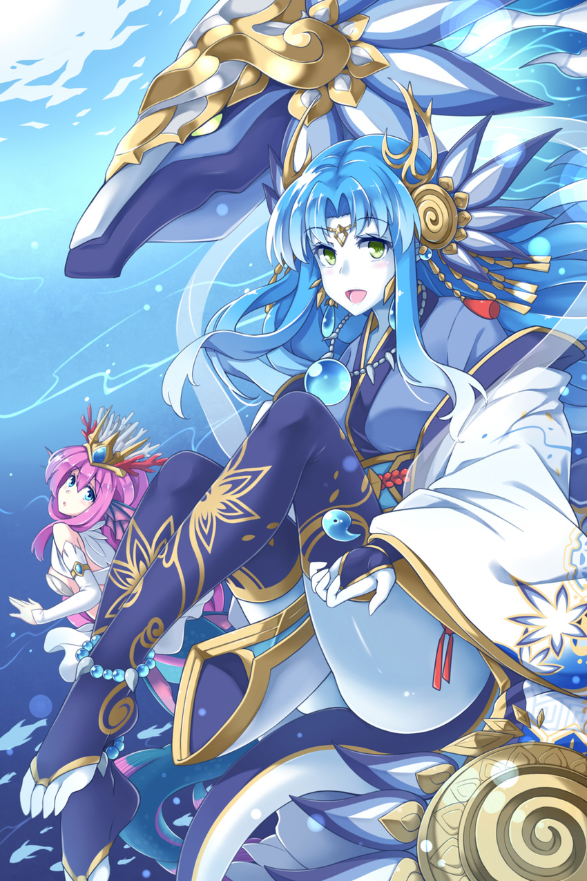 2girls anklet barefoot blue_eyes blue_hair blush circlet claws colored_skin commentary_request coral detached_sleeves dragon dragon_girl fins fish flan_(zhd91) green_eyes hair_ornament head_fins headdress highres horns japanese_clothes jewelry long_hair looking_at_viewer looking_back magatama mermaid monster_girl multiple_girls necklace open_mouth photoshop_(medium) purple_hair puzzle_&_dragons siren_(p&d) sumire_(p&d) tail thighhighs tiara toeless_legwear underwear wadatsumi_dragon_(p&d) white_skin