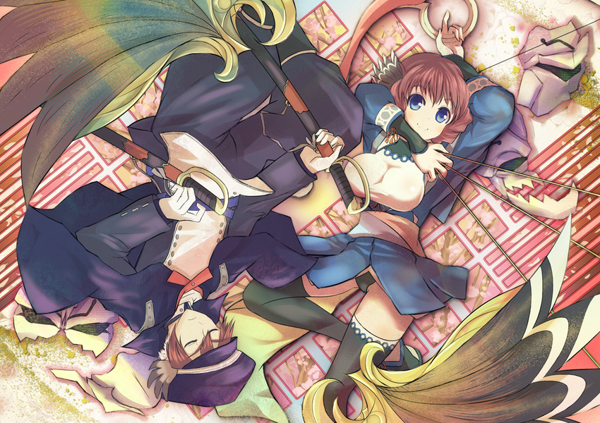 1boy bare_shoulders blue_eyes breasts brother_and_sister brown_hair closed_eyes commentary_request female hat head_wings japanese_clothes large_breasts looking_at_viewer nosuri obi ougi red_hair sabama_yuuta sash siblings sleeveless sleeveless_turtleneck smile turtleneck utawarerumono utawarerumono:_itsuwari_no_kamen weapon wings