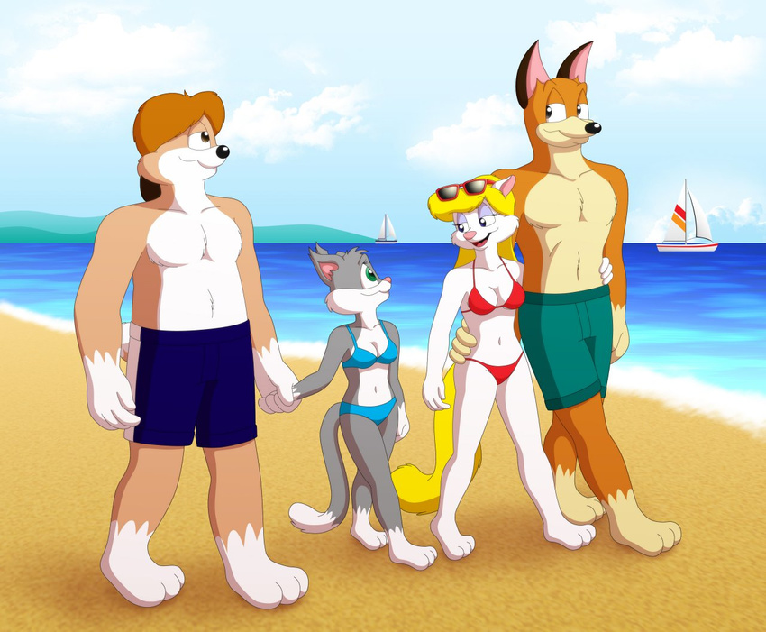 animaniacs anthro beach big_breasts bikini black_nose blonde_hair bottomwear breasts buttons_(animaniacs) canid canine canis clothed clothing domestic_cat domestic_dog eyewear felid feline felis female group guimontag hair hand_holding interspecies long_hair male mammal minerva_mink mink muscular mustelid musteline navel outside partially_clothed pecs rita_(animaniacs) runt sailing_watercraft sand sea seaside shorts skimpy sky sunglasses swimwear tight_clothing true_musteline vehicle warner_brothers water watercraft