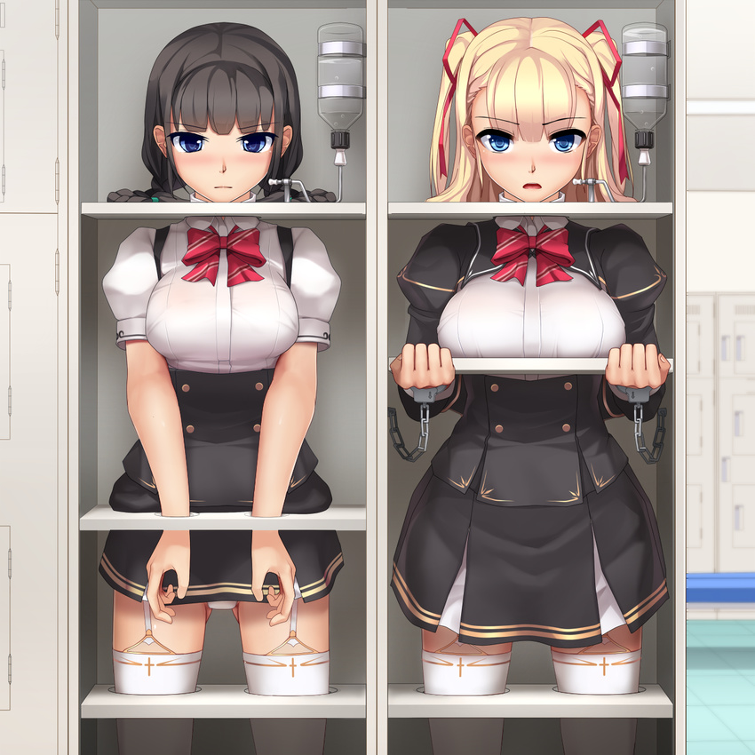 2girls black_hair blonde_hair blue_eyes bottle bound bound_wrists bow breasts commentary_request cuffs eto_(ikumika) garter_straps hair_ribbon handcuffs highres immobilization in_locker large_breasts locker long_hair looking_at_viewer medium_breasts multiple_girls original panties pantyshot restrained ribbon school_uniform skirt standing standing_restraints stationary_restraints thighhighs twintails two_side_up underwear upright_restraints white_legwear white_panties