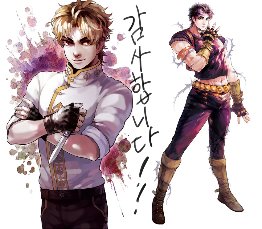 2boys birthmark blonde_hair commentary_request dio_brando ear_birthmark fingerless_gloves gloves jojo_no_kimyou_na_bouken jonathan_joestar multiple_boys muscular phantom_blood photoshop_(medium) purple_hair red_eyes sb_(hiratsei)