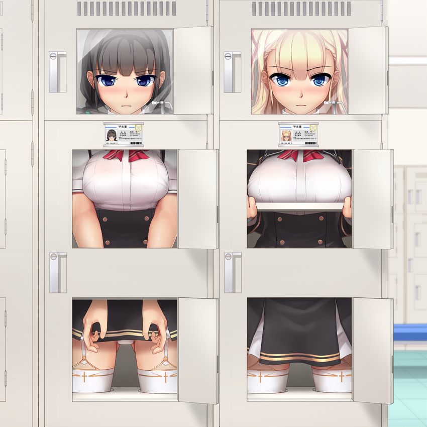 2girls ass_visible_through_thighs black_hair blonde_hair blue_eyes bow breasts case commentary_request eto_(ikumika) garter_straps highres immobilization in_locker large_breasts locker long_hair looking_at_viewer medium_breasts multiple_girls original panties pantyshot restrained school_uniform standing standing_restraints stationary_restraints thighhighs twintails underwear upright_restraints white_legwear white_panties