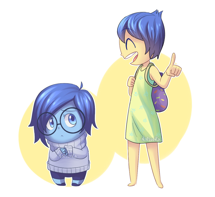 2girls :< backpack bag blue_eyes blue_hair blue_skin colored_skin commentary_request dress green_dress height_difference inside_out joy_(inside_out) multiple_girls open_mouth pointing sadness_(inside_out) short_hair smile sweater turtleneck turtleneck_sweater yellow_skin yoyochaan