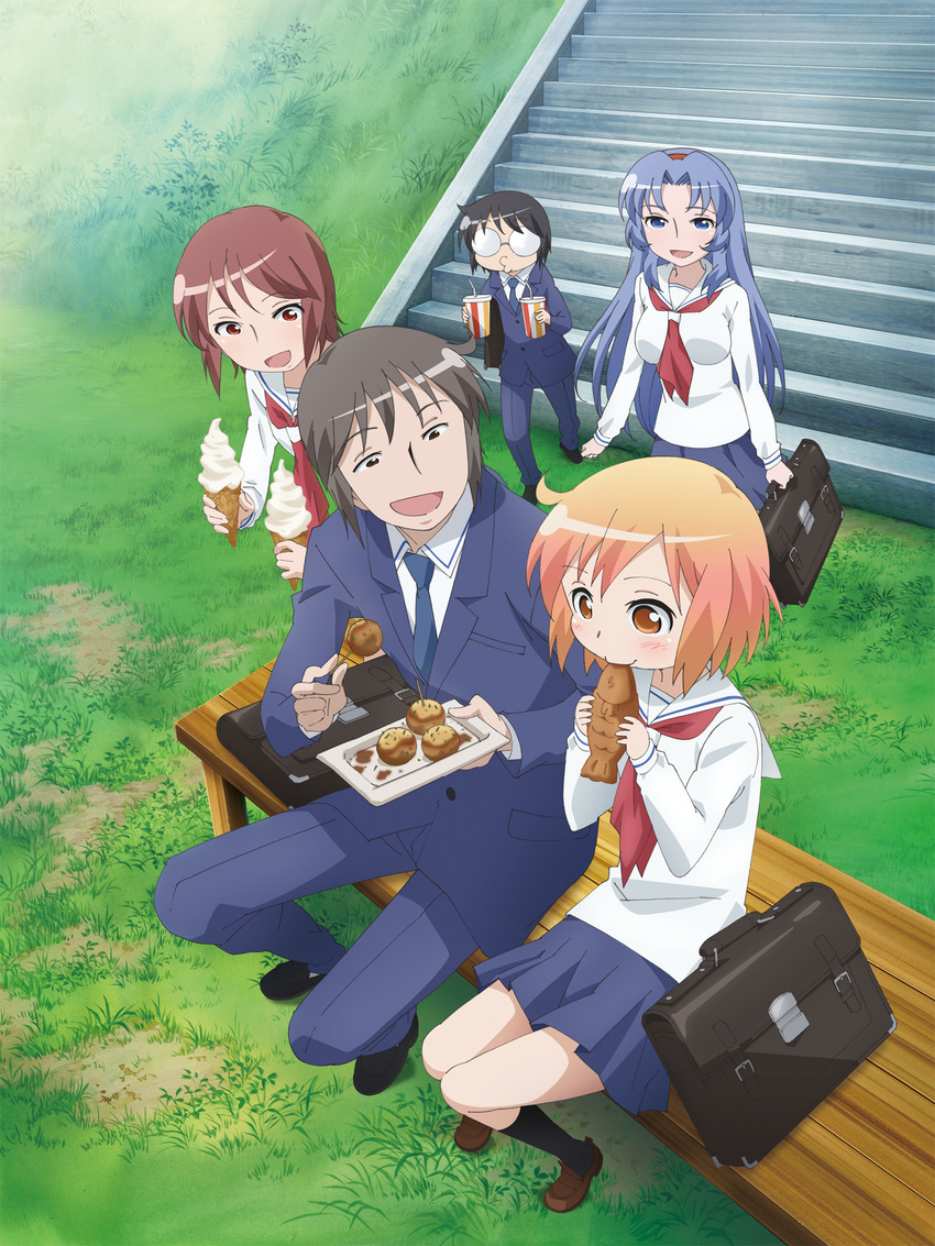 2boys 3girls ahoge artist_request bench black_hair blue_hair blush brown_hair food glasses highres ice_cream kotoura-san kotoura_haruka long_hair long_sleeves manabe_yoshihisa mifune_yuriko moritani_hiyori multiple_boys multiple_girls muroto_daichi o3o official_art open_mouth orange_eyes orange_hair photoshop_(medium) red_eyes school_uniform serafuku short_hair soft_serve taiyaki takoyaki very_long_hair wagashi