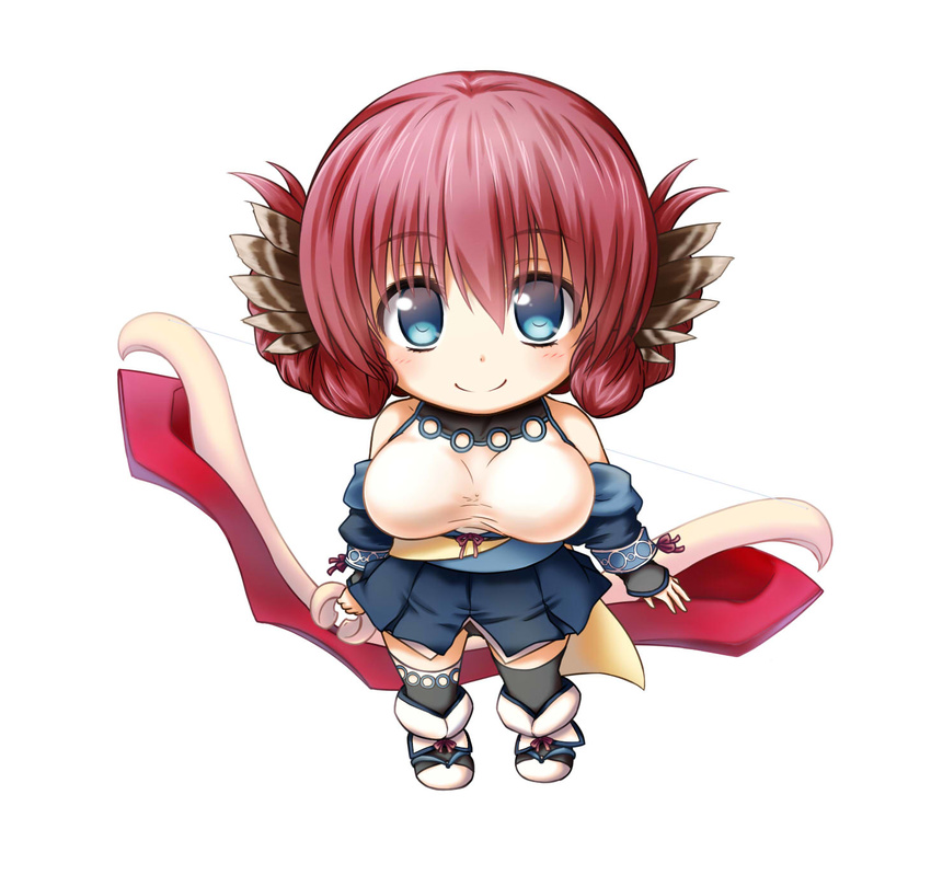 bare_shoulders blue_eyes bow_(weapon) breasts brown_hair chibi commentary_request female head_wings highres japanese_clothes kuena large_breasts looking_at_viewer nosuri obi red_hair sash simple_background sleeveless sleeveless_turtleneck smile solo turtleneck utawarerumono utawarerumono:_itsuwari_no_kamen weapon white_background wings