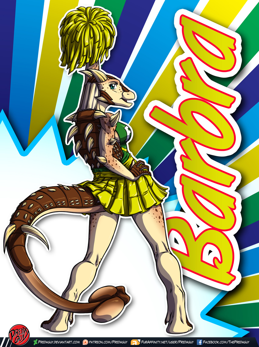 ankylosaurian ankylosaurid ankylosaurus anthro anthrosaurs barbra_(raphael) bottomwear breasts cheerleader clothing colorful_theme dinosaur extinct female hi_res miniskirt non-mammal_breasts ornithischian pom_poms predaguy prehistoric_species reptile scalie skirt solo spikes spots thyreophoran uniform