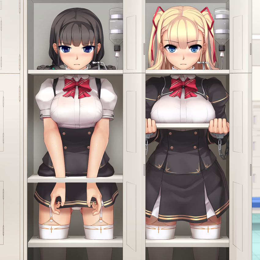 2girls black_hair blonde_hair blue_eyes bottle bound bound_wrists bow breasts commentary_request cuffs eto_(ikumika) garter_straps hair_ribbon handcuffs highres immobilization in_locker large_breasts locker long_hair looking_at_viewer medium_breasts multiple_girls original panties pantyshot restrained ribbon school_uniform skirt standing standing_restraints stationary_restraints thighhighs twintails two_side_up underwear upright_restraints white_legwear white_panties