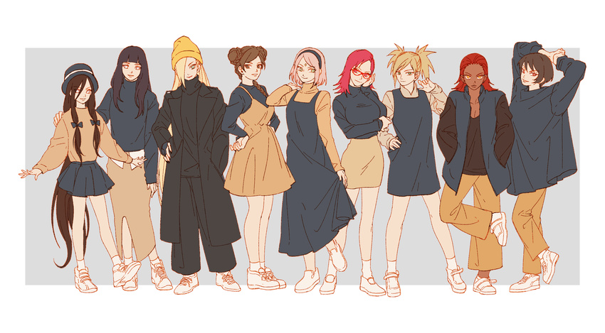 6+girls adjusting_eyewear alternate_costume alternate_hairstyle arm_at_side arms_behind_head arms_up bad_id bad_pixiv_id black_coat black_hair black_pants black_shirt black_sweater blonde_hair blue_eyes blunt_bangs bob_cut border boruto:_naruto_next_generations bow braid breast_hold breasts brown_dress brown_eyes brown_pants brown_shirt brown_skirt byakugan closed_mouth coat cross-laced_footwear dark-skinned_female dark_skin double_bun dress eyelashes facial_mark fashion flat_chest forehead_mark full_body glasses green_eyes grey_background hair_between_eyes hair_bun hair_over_one_eye hair_over_shoulder hair_slicked_back hairband hairbow hand_on_another's_shoulder hand_on_own_cheek hand_on_own_face hand_on_own_hip hands_in_pockets hands_on_own_hips hat hat_ribbon head_tilt high_collar highres hyuuga_hanabi hyuuga_hinata ino_yamanaka karin_(naruto) karui_(naruto) kneehighs kurotsuchi_(naruto) large_breasts legs_apart legs_together light_smile lineup long_coat long_hair long_skirt long_sleeves looking_at_viewer looking_to_the_side multiple_girls naruto naruto_(series) noeunjung93 orange_pants outside_border own_hands_together pants pleated_skirt red-framed_eyewear red_eyes red_hair red_lips ribbon sakura_haruno shirt shoes short_dress short_hair short_sleeves siblings simple_background single_braid sisters skirt skirt_hold smile sneakers socks spaghetti_strap standing standing_on_one_leg sweater swept_bangs temari_(naruto) tenten_(naruto) turtleneck twintails very_long_hair white_border white_eyes white_footwear white_shirt white_socks yellow_eyes