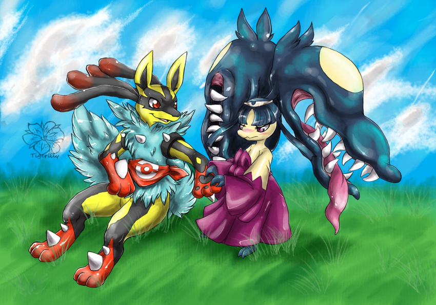 alternate_color ambiguous_gender anthro blush canid canine digital_media_(artwork) duo female generation_6_pokemon hair_mouth humanoid mammal mega_evolution mega_lucario mega_mawile nintendo pokemon pokemon_(species) shiny_pokemon tigerlilylucky