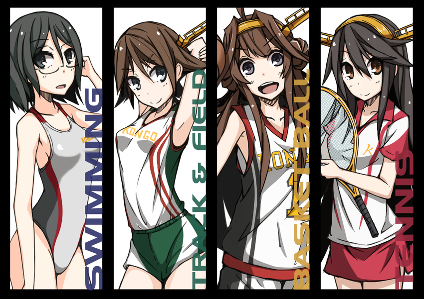 4girls basketball basketball_uniform black_eyes black_hair brown_eyes brown_hair commentary_request competition_swimsuit glasses gym_shorts haruna_(kancolle) hiei_(kancolle) hirayama_(hirayamaniwa) kantai_collection kirishima_(kancolle) kongou_(kancolle) long_hair multiple_girls one-piece_swimsuit racket short_hair shorts sportswear swimsuit tennis_racket tennis_uniform track_and_field