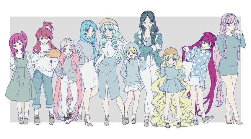 6+girls :d ;d absurdly_long_hair alternate_costume aqua_hair arms_behind_back bad_id bad_pixiv_id bag beanie blazer blonde_hair blue_eyes blue_hair blunt_bangs braid breasts brown_footwear clenched_hand closed_mouth contrapposto cousins dress drill_hair dunya_mustashim fashion flat_chest front_ponytail full_body grey_background grey_shirt hair_ornament hair_rings hairband hand_in_pocket hand_on_own_hip hat head_tilt high_heels highres holding holding_clothes holding_hat holding_own_hair hood hoodie jacket large_breasts leaning_to_the_side lineup long_hair long_sleeves low-tied_long_hair magi_the_labyrinth_of_magic miniskirt morgiana multiple_girls myron_alexius noeunjung93 one_eye_closed one_side_up open_mouth pants pants_rolled_up pencil_skirt pink_eyes pink_hair pisti platform_footwear pleated_skirt polka_dot polka_dot_shirt red_eyes red_hair ren_hakuei ren_kougyoku scheherazade_(magi) serendine_dikumenowlz_du_parthevia sheba_(magi) shirt shoes short_dress short_hair short_sleeves shoulder_bag simple_background skirt smile sneakers socks standing standing_on_one_leg sweater swept_bangs tucking_hair turtleneck twin_braids twin_drills unworn_hat unworn_headwear very_long_hair wavy_hair white_legwear white_pants white_shirt white_skirt white_sweater yamuraiha