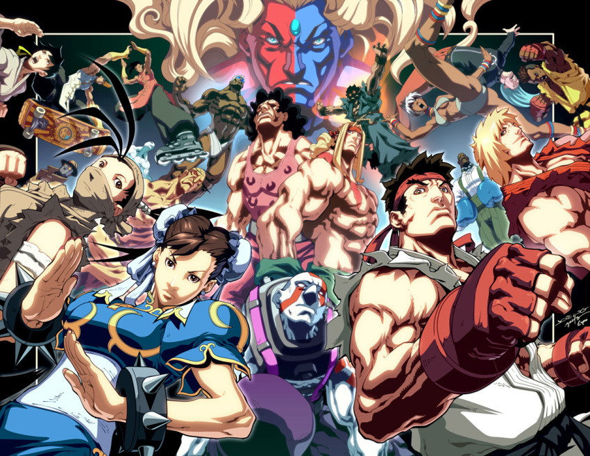 4girls 6+boys :o abs akuma_(street_fighter) alex_(street_fighter) angry anklet antenna_hair aqua_eyes armpits bald ball bandages bandana bare_shoulders barefoot baseball_cap belt bikini black_hair blonde_hair blue_eyes blue_hair blue_skin blush bow bowtie boxing_gloves bracelet breasts brown_hair bun_cover capcom china_dress chinese_clothes chun-li cleavage clenched_hand clenched_hands clenched_teeth coat colored_skin commentary curly_hair dark_skin double_bun dougi dress dudley earrings elbow_gloves elena_(street_fighter) everyone facial_mark fighting_stance fingerless_gloves fingernails floating_hair forehead_jewel foreshortening gill_(street_fighter) gloves glowing gradient_background hair_bun hat headband hugo_andore ibuki_(street_fighter) inline_skates japanese_clothes jewelry joe_ng jumping ken_masters kicking kneepits large_breasts leg_lift long_fingernails long_hair looking_at_viewer makoto_(street_fighter) male_swimwear martial_arts_belt mask medium_breasts multiple_boys multiple_girls muscular neck_ring necro_(street_fighter) ninja no_pupils open_clothes open_mouth orange_eyes oro_(street_fighter) outline outstretched_arms overalls pants pectorals photoshop_(medium) ponytail punching q_(street_fighter) red_eyes red_skin remy_(street_fighter) ribbon roller_skates rope ryu_(street_fighter) sash scar scrunchie sean_matsuda shirt shoes short_hair sidelocks signature skateboard skates skids sleeveless spiked_bracelet spikes spread_arms spread_legs street_fighter street_fighter_iii_(series) swim_briefs swimsuit tank_top tattoo teeth topless_male torn_clothes trench_coat twelve udon_entertainment underboob urien very_dark_skin wavy_hair white_hair white_skin wristband yang_lee yellow_eyes yun_lee