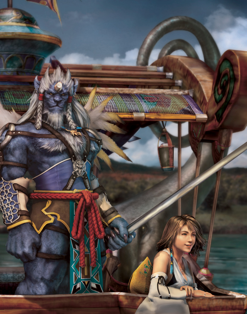 1boy 3d animal_ears artist_request belt blue_skin boat bracer braid brown_eyes cloud colored_skin day detached_sleeves earrings female final_fantasy final_fantasy_x highres horns jewelry kimahri_ronso official_art photoshop_(medium) ronso sky twin_braids water watercraft yuna_(ff10)